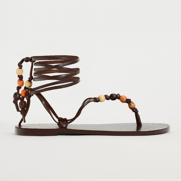 NWT Zara Woman BEADED LACE UP LEATHER SANDALS Shoes Size 8 - Picture 4 of 13